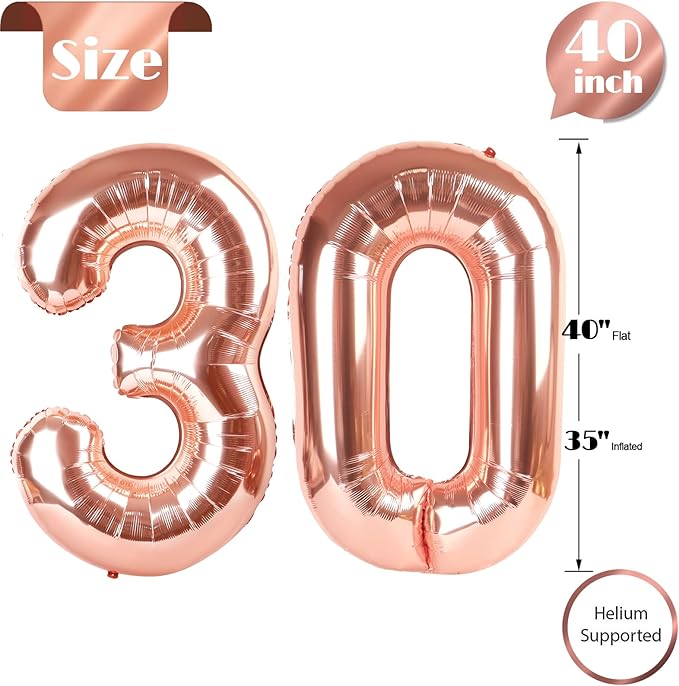Rose Gold Number 30 Balloon 40 inch, 30 Number Balloons, 30th Birthday Decorations, 30 Year Old Women Men Rose Gold Party Supplies