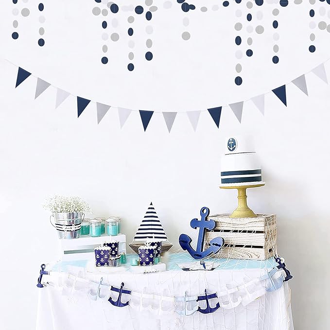Navy-Blue White-Silver Party Decorations Banner - 2 Pack Men Birthday Graduation 2024 Glitter Sprinkles Paper Pennant Triangle Flags, Fathers Day Wedding Baby bridal Shower Bunting Lasting Surprise