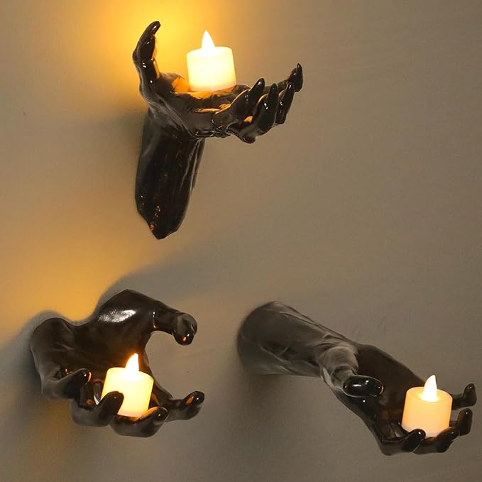 Halloween Decorations, 3 Pack Wall Mounted Creepy Reaching Hands with LED Candles, Life-Sized Horror Wall Hands for Gothic Wall Decor Outdoor/Indoor (Style 2)