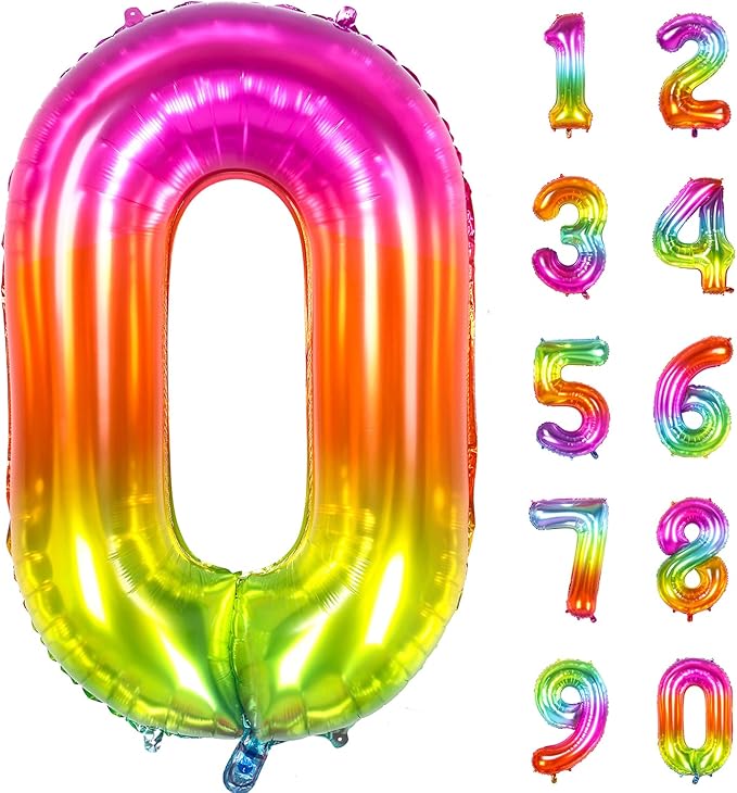 Number Balloon, 40 Inch Giant Number Balloons for Rainbow Birthday Decorations, Mylar Multicolor Big 0 Balloon Numbers, Large Jumbo Foil Colorful Number Ballons for Anniversary or New Year Party Décor