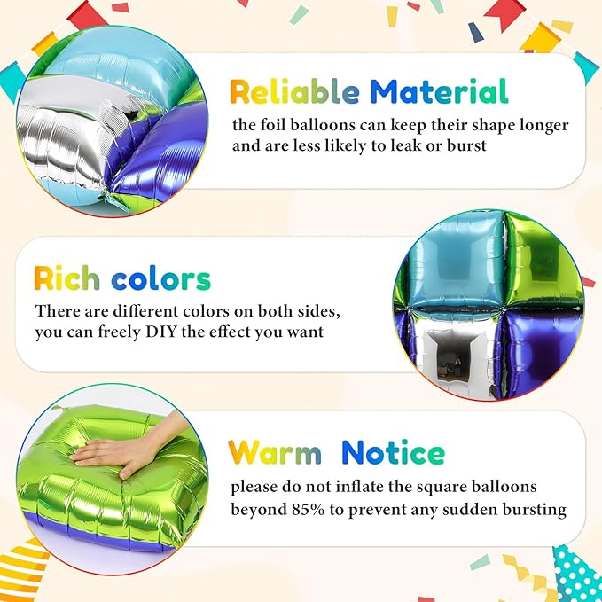 36 Pcs Buzz Birthday Decorations Balloons Brick Square Foil Balloons Wall Backdrop Arch Kit Double Sided Metallic for Cartoon Video Game Party Supplies(Green Purple Blue Silver)