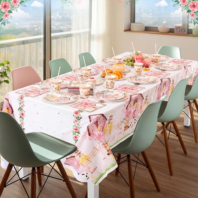 Ceenna 452 Pcs Pink Farm Animal Birthday Party Decoration for 50 Guest, Pink Farm Barnyard Paper Plates Napkins Cups Tablecloth Cutlery Straw for Baa Moo Im Two Birthday Baby Shower Party Supply