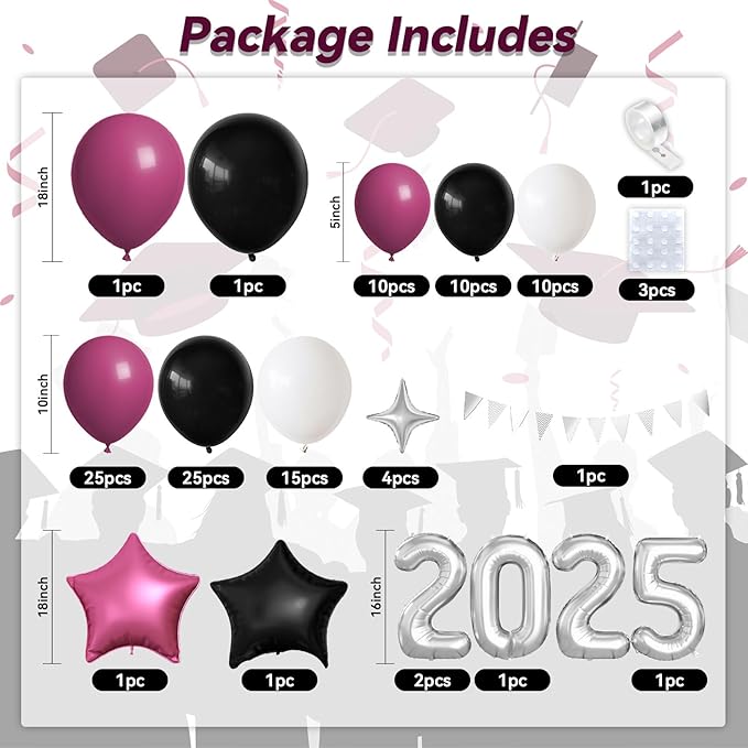 Burgundy Black White Balloons Arch Kit with Star Balloon Pennant Flag Bunting 2025 Foil Balloon Banner Maroon Balloons Garland for Class of 2025 Graduation Theme Birthday Party Supplies