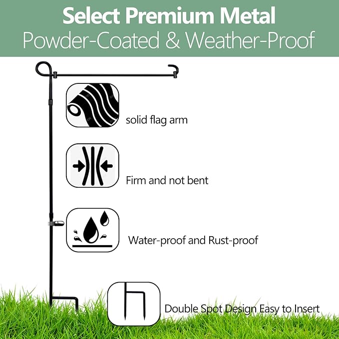 Garden Flag Stand Holder Pole,Premium Powder-Coated Weather-Proof Metal Paint Yard Flag Stand with 1 Tiger Clip and 2 Spring Stoppers,House Flag Pole Holder for Outdoor Garden Lawn