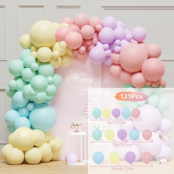 Pastel Balloon Arch Garland Kit - 131Pcs Rainbow Balloon Arch Kit - Birthday Balloons, Macaron Pink Yellow Blue Purple Balloons for First Birthday Baby Shower Wedding Party Decorations