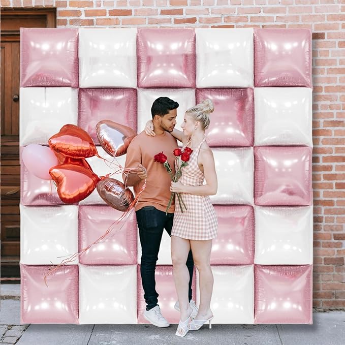 Pearl Pink and White Double Sided Square Foil Balloons Wall,19 Inches Chrome Foil Balloons Tunnel Arch Kit for Girls Bachelorette,Anniversary,Wedding,Valentines Day Decorations