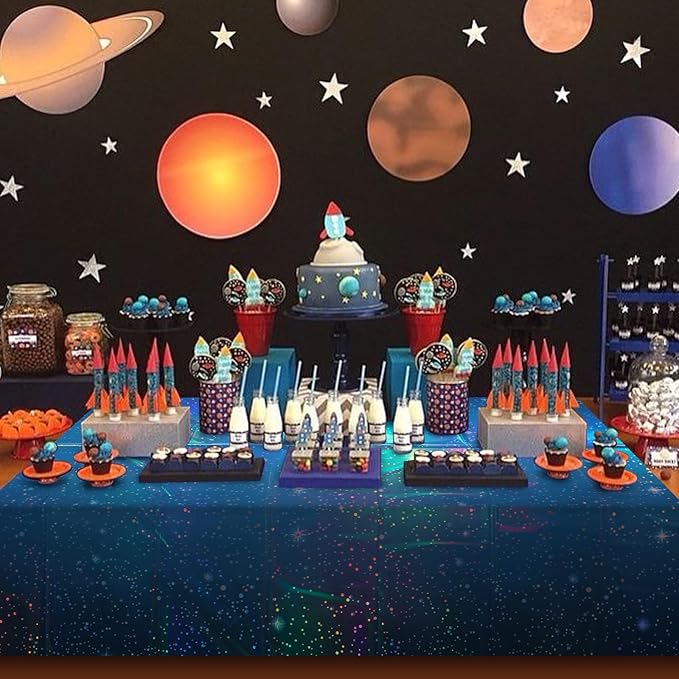 1Pcs Iridescent Space Tablecloths, Disposable Plastic Blue Galaxy Table Cloth Rectangle Table Covers for Space Starry Night Star Theme Party Birthday Party Decorations, 54x108 Inch