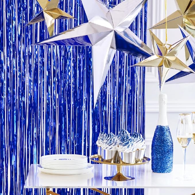 Pack of 2 Royal Blue Foil Fringe Curtains – Blue Tinsel Backdrop for Photo Booth, Birthday, Wedding, Baby Shower, Bachelorette, Christmas & Holiday Party Decorations