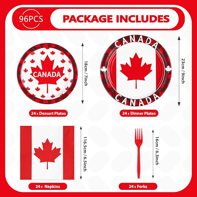 Grencian 96Pcs Canadian Flag Party Supplies Canada Day Party Plates and Napkins Red White Maple Leaves Tableware Sets Canada Birthay Decorations Favors for Anniversary Family Gathering Serves 24