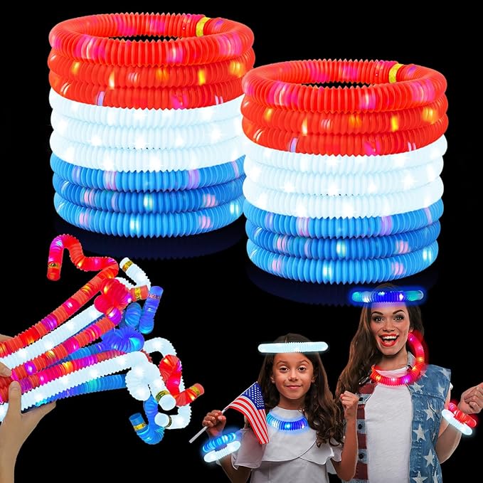 4th of July Red White Blue Glow Sticks Party Favors Supplies 18 PCS,Light up Pop Tubes Accessories Bracelets Necklaces for Kids Toddlers,Fourth of July Patriotic Toys Gifts Items for Independence Day