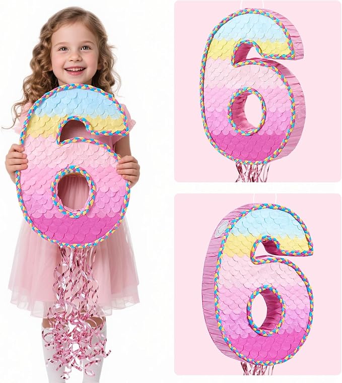 WERNNSAI Number 6 Piñata – Pink 6th Birthday Party Decorations for Kids Girls Rainbow Ombre Six Piñata with Blindfold and Stick for 6 Year Birthday Supplies Princess Anniversary Decoration