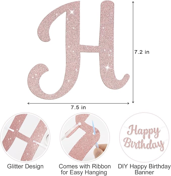 Glitter Happy Birthday Banner Sign Birthday Garland Wall Door Banners Flag for Women Men Boys Girls Party Backdrop Decorations Rose Gold