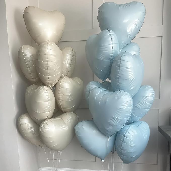 Blue White Heart Balloons, 18 Inch Baby Blue Cream Foil Heart Balloons, 10PCS Light Blue Nude Heart Shape Balloons Blue Helium Balloons for Boys Men Birthday Baby Shower Valentines Graduation