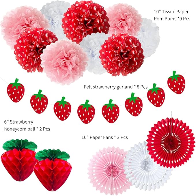 ANSOMO Strawberry Party Decorations Red Pink White Tissue Pom Poms Fans Honeycom Balls Lanterns Garland Classroom Berry Sweet Fruits 1st One Birthday Bridal Baby Shower Décor Supplies Girls