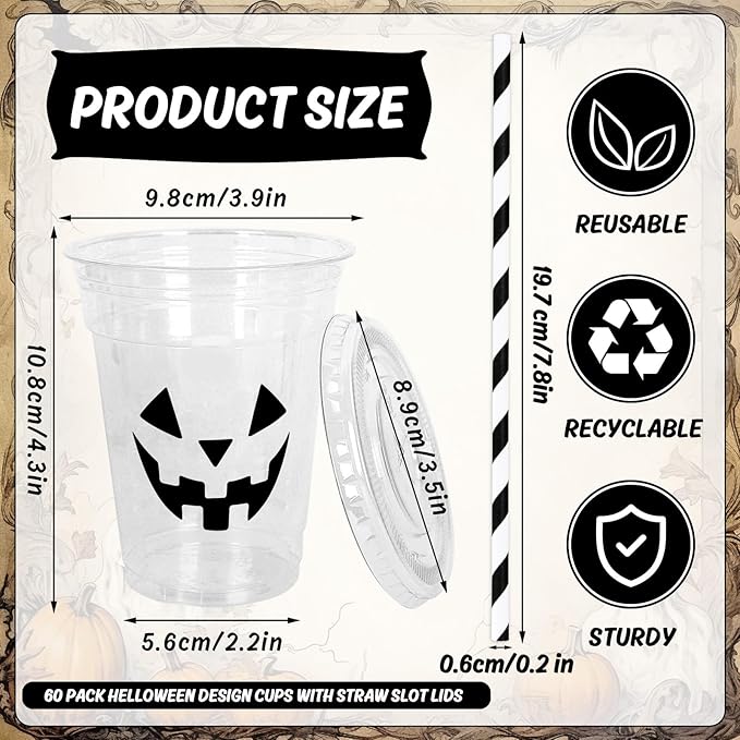 Whaline 60Pcs Halloween Disposable Plastic Cups with Lids and Straws 12oz Vampire Monster Ghost Pumpkin Cold Beverage Drinking Cups for Birthday Party Favors