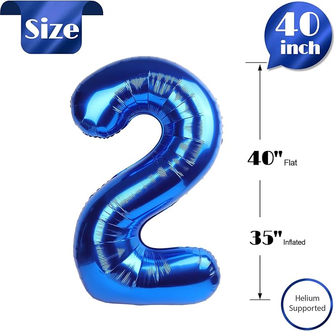 Navy Blue 2 Balloon, Number Balloon 40 Inch, Two Number Birthday Decorations, Second 2nd Birthday Party Supplies, Number 2