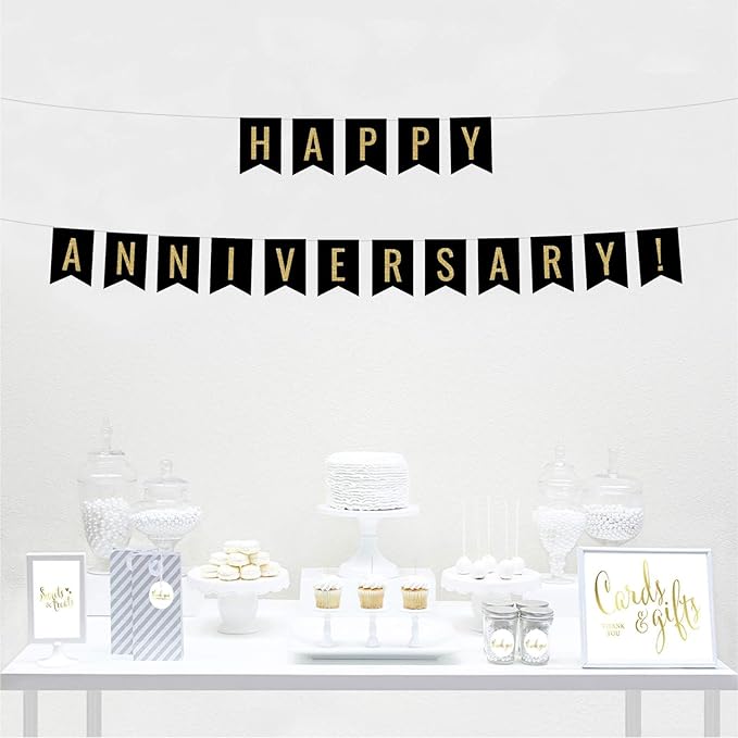 Andaz Press Faux Gold Glitter on Black Wedding Anniversary Party Banner Decorations, Happy Anniversary!, Approx 5-Feet, 1-Set, Birthday Milestone Colored Hanging Pennant Decor