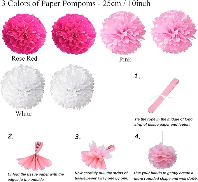 ZERODECO Birthday Decoration Set - Happy Birthday Banner, Paper Fans, Tissue Pom Poms, Hanging Swirls and Balloons in Pink, White and Red