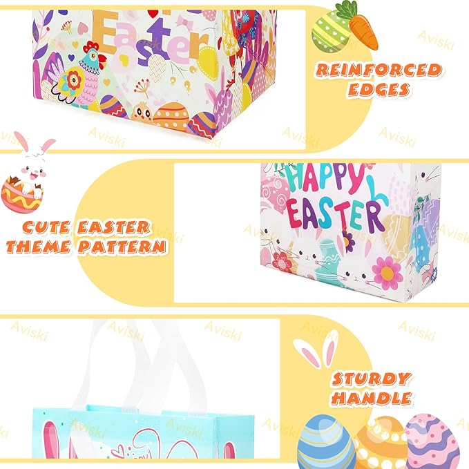 Aviski 24PCS Happy Easter Egg Hunt Bags, Assorted Sizes, Easter Bunny Carrot Chick Egg Treat Bag with Handles, Non-Woven Gifts Wrapping, Egg Hunt, Spring Party Supplies