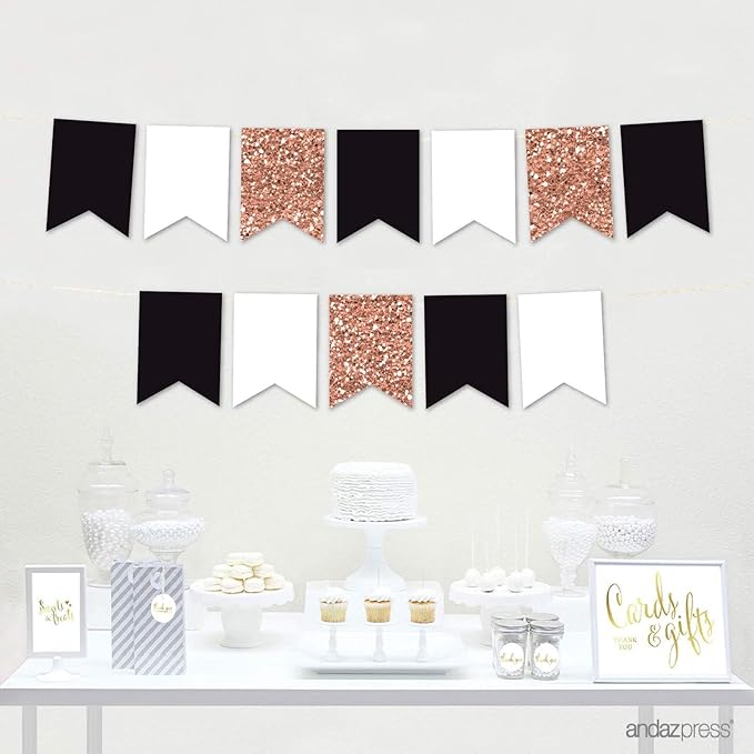 Andaz Press Hanging Pennant Banner with String, Faux Rose Gold Glitter, White, Black, 1-Set, 24 Pennants, Approx. 12-Feet Long, Girl's 1st Birthday Baptism Communion Theme Colored Supplies