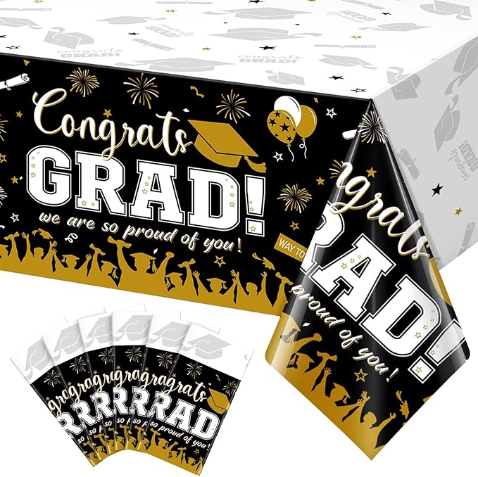 6 Pack Graduation Tablecloth Party Decorations, Class of 2026 Congrats Grad Plastic Tablecover Party Supplies, Black and Gold Rectangle Graduation Table Decor for College High School Party, 54x108Inch