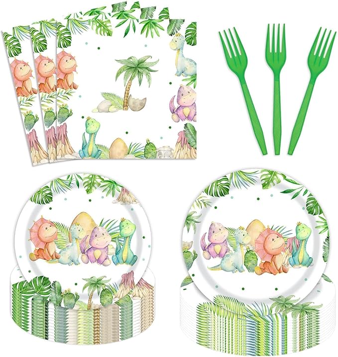 96 Pieces Dinosaur Birthday Party Decorations Supplies Dinosaur Baby Shower Party Tableware Set Watercolor Dino Baby Shower Birthday Party Dessert Plates Napkins Forks for 24 Guests