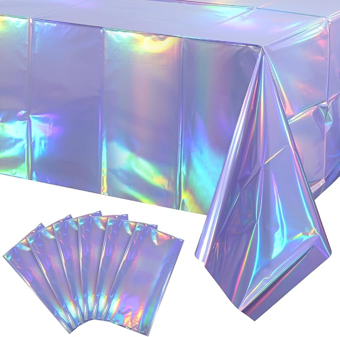6 Pack Iridescent Light Purple Tablecloth for Parties, Pastel Purple Holographic Plastic Table Cover, Disposable Laser Purple Table Cloth for Birthday Wedding Baby Shower Party Decorations, 54x108Inch