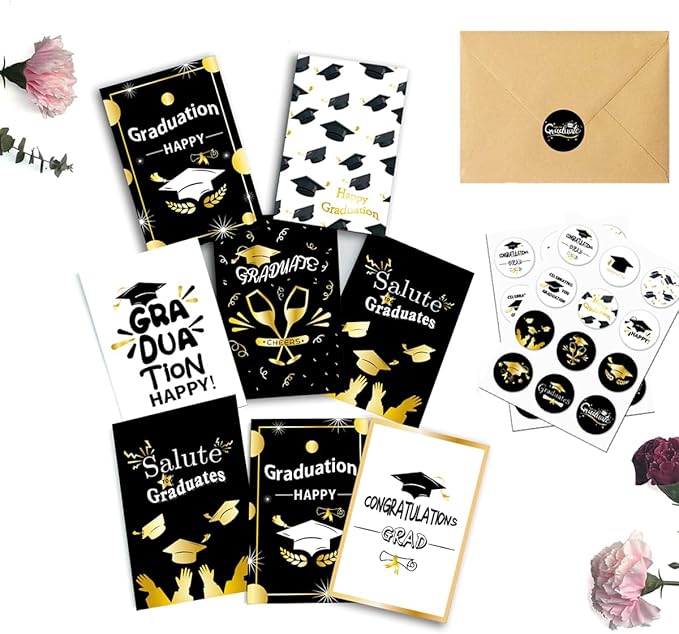 6 Pack Gold Foiled 5x7in 2025 Graduation Cards 2025 with Envelopes and Stickers,6 Elegant Designs Graduation Card Pack
