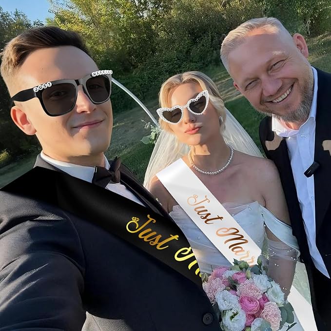 Just Married Bride and Groom Sunglasses and Sash for Just Married Wedding Party Decorations