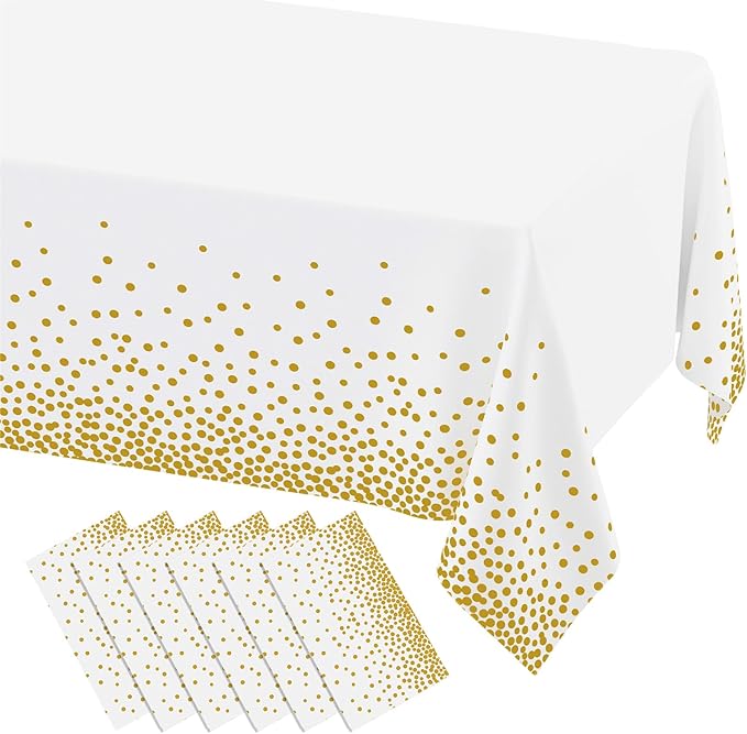 misaya 6 Packs Dot Disposable Table Cloth, 54 x 108 Inch Waterproof Plastic Tablecloth, Rectangle Gold Dots in White Table Covers for Easter, Picnic, Birthday, Party