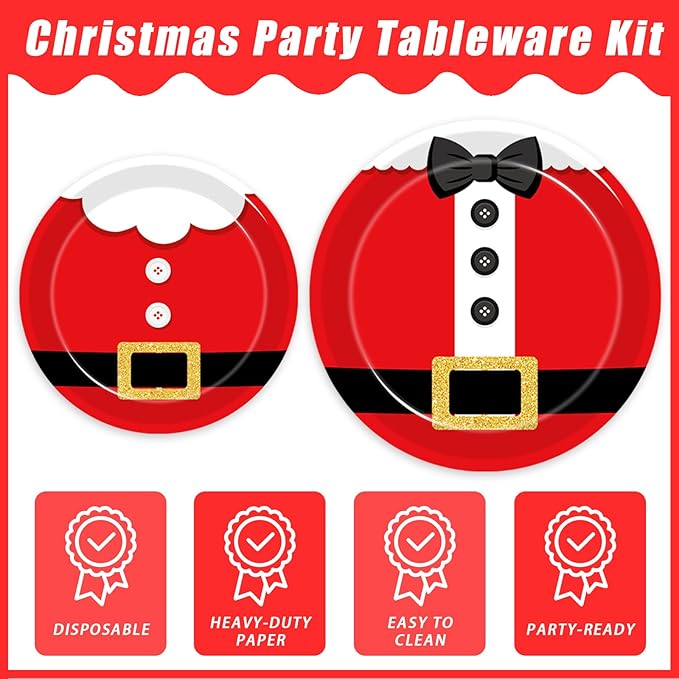 96 Pcs Santa Christmas Paper Plates Santa Claus Suit Disposable Party Plates Napkins Set Merry Christmas Holiday Dinnerware Party Decoration Supplies, Serves 24