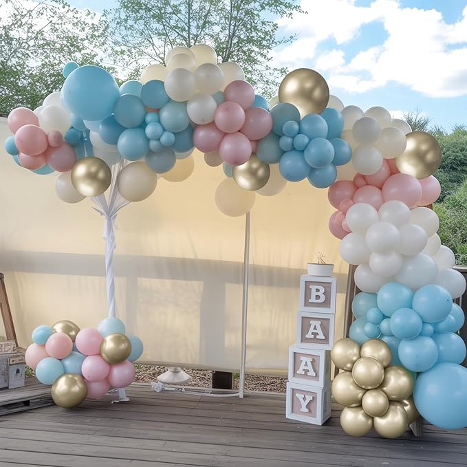 Gender Reveal Balloon Arch Kit, 100 PCS Dusty Pink Blue Balloons, Metallic Gold Sand White Balloons for Boy or Girl Gender Reveal Boho Birthday Wedding Baby Shower Bridal Bear Theme Party Decorations