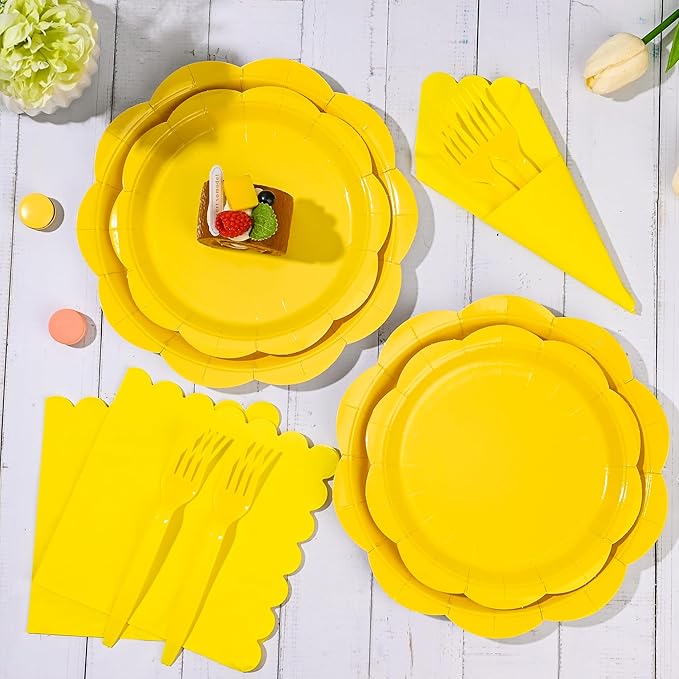 96 Pcs Yellow Paper Plates and Napkins Set Party Supplies, Tableware set for 24 Guest include Disposable Yellow Scalloped Plates, Napkins and Forks for Baby Shower Picnic Wedding Easter