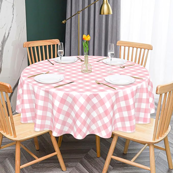 Mulbozy 2 Pcs Pink Gingham Round Tablecloth, 84 inches Disposable Plastic Pink and White Checkered Circle Table Covers for Baby Shower Wedding Bridal Shower Birthday Party Decorations