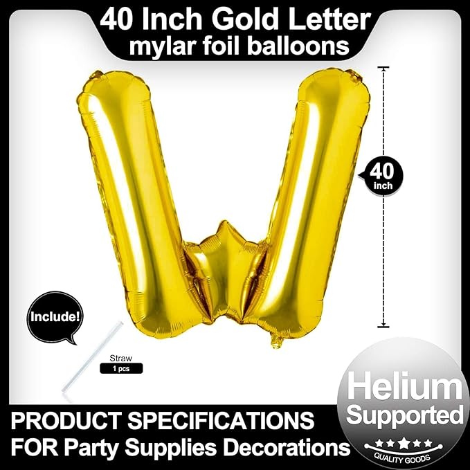 40 Inch Gold Letter W Balloons, DIY Phrase Foil Alphabet Letter W Balloons DIY Word W Banner for Birthday Anniversary Celebration Graduation Party Supplies Decoration