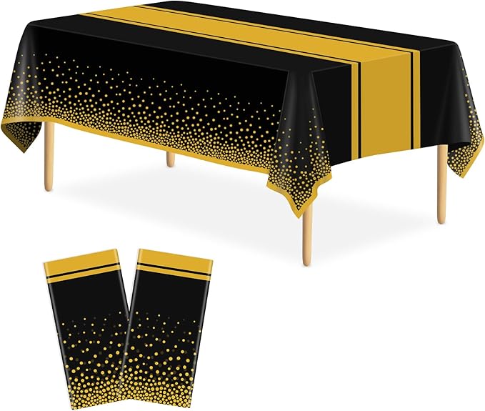 2 Pack Black and Gold Tablecloth Party Decorations Plastic Black Tablecloth Printed Gold Table Runner 54 x108 Inch Disposable Rectangle Table Cover for Birthday Wedding Graduation Anniversary