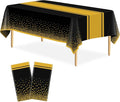 2 Pack Black and Gold Tablecloth Party Decorations Plastic Black Tablecloth Printed Gold Table Runner 54 x108 Inch Disposable Rectangle Table Cover for Birthday Wedding Graduation Anniversary