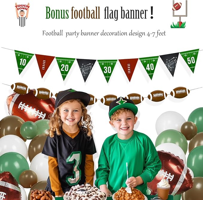 Football Party Decorations Kit 120PCS sage Green brown White Balloon Garland Arch with Football Banner Mylar Balloons for Sports Birthday Boys first year touch down party decorations