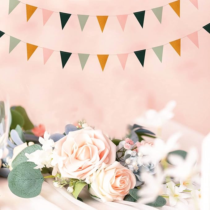 Sage Green Pink Gold Pennant Banner,2 Pack Paper Triangle Flags,Baby Bridal Shower Safari Birthday Tropical Jungle Party Decorations Wedding Bachelorette Engagement Bunting Lasting Surprise