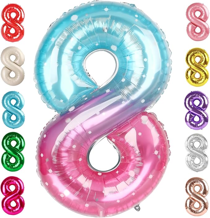 40 Inch Number 8 Balloon, Pink Purple Blue 8 18 28 80 Birthday Balloons for Men Boys, 8th Birthday Decorations Party Supplies, Wedding, Graduations
