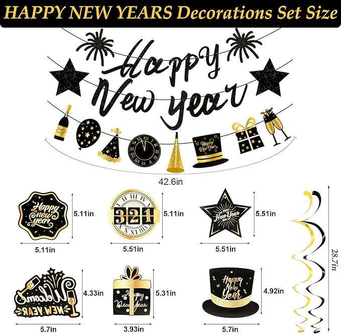 New Year Party Decorations 2026 New Years Eve Decorations Kit Black Gold Nye Decorations Happy New Year Banner New Years Eve Party Supplies 2026