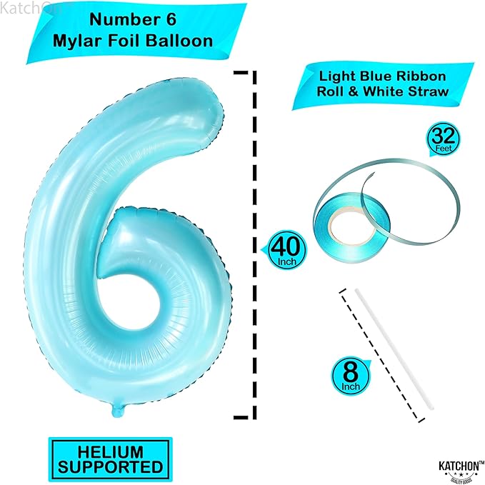 KatchOn Giant Light Blue Number 6 Balloon - 40 Inch, Pack of 1, Helium Supported, Unisex Children, Birthday, Number Balloon