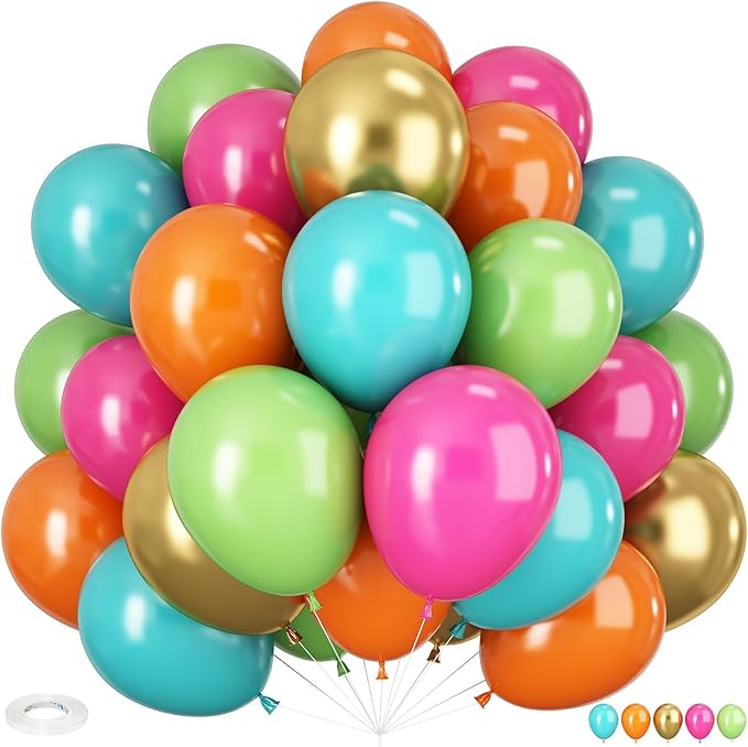 Tropical Balloons Kit, 60 PCS 12Inch Hawaiian Balloons Hot Pink Orange Teal Green and Gold Colorful Balloon for Summer Birthday Baby Shower Tropical Aloha Luau Pool Party Decorations