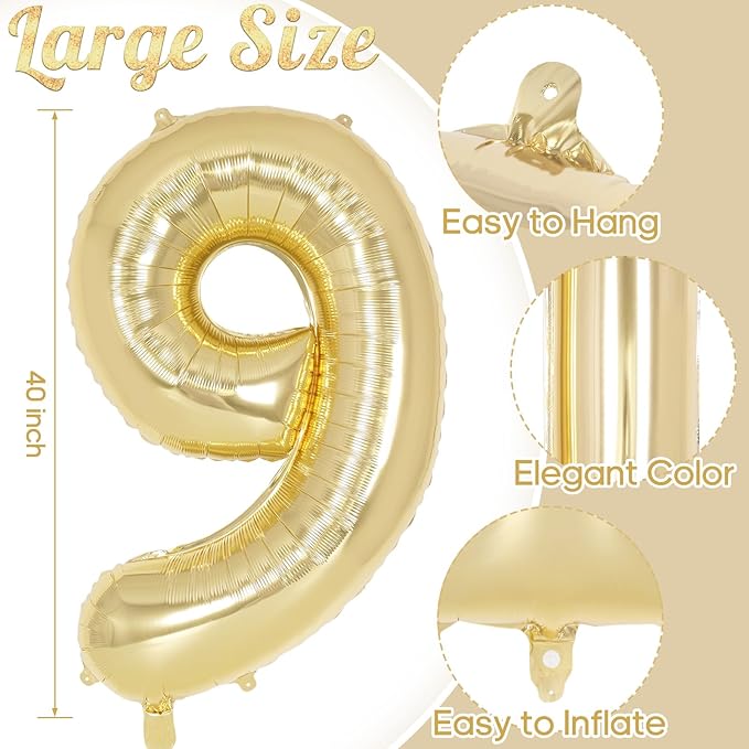 Light Gold Number 9 Balloon 40 Inch, Big Large Foil Helium White Gold Number Balloons, Giant Mylar Number 9 Balloons for 9 Year Old Birthday Party Decorations Supplies Anniversary