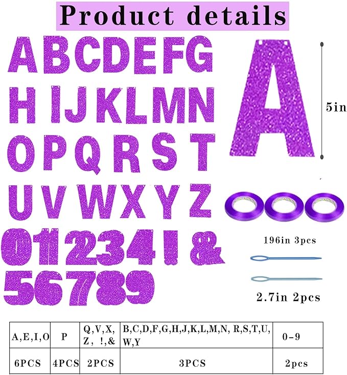 116 Pcs DIY Glitter Custom Banner Kit - Customize with 111 Letters and Numbers, 3 Rope and 2 Threading Devices for Personalized Decor for Women's Day, Birthday Banners (Purple)