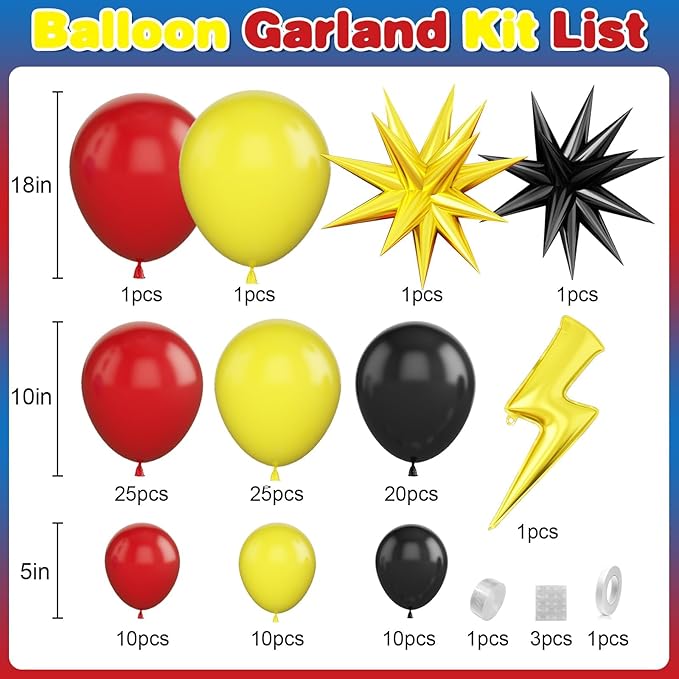 Red Black Yellow Balloons Arch Garland Kit, Cartoon Birthday Party Balloons with Lightning Star Balloons for Cartoon Theme Birthday Baby Shower Party Decor
