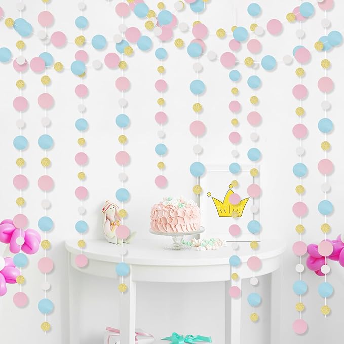 Outus 5 Pieces Pink,Blue,Gold,White Round Dots Garland Easter Graduation Party Hanging Decor Each Length 13.1ft Glitter Paper Dot Streamers for Birthday Wedding Classroom