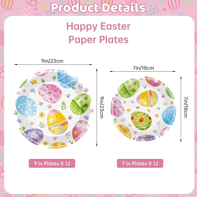 24 Pcs Easter Plates Set - Watercolor Happy Easter Eggs Paper Plate, Disposable Spring Colorful Round Dinner Dessert Plates Tableware for Easters Day Party Supplies Favors Table Decorations