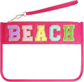 Chenille Letter Bag, Multi-purpose Nylon Clear Makeup Cosmetic Bags Flat Pouches with Zipper for Travel, Gym, Beach (Rose Red-Beach)