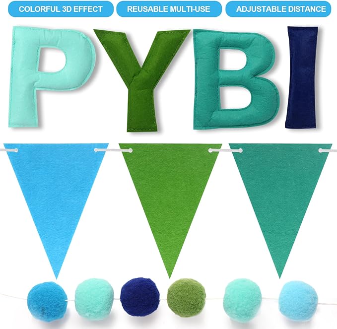 Pre-Strung Happy Birthday Banner - Felt Ball Garland HAPPY BIRTHDAY Pennant, Multicolor Bunting String Triangle (Blue)
